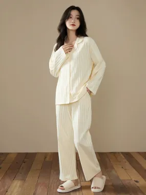 Long-Sleeve Cardigan Beige Stripes Pure Cotton Sleepwear Pajamas