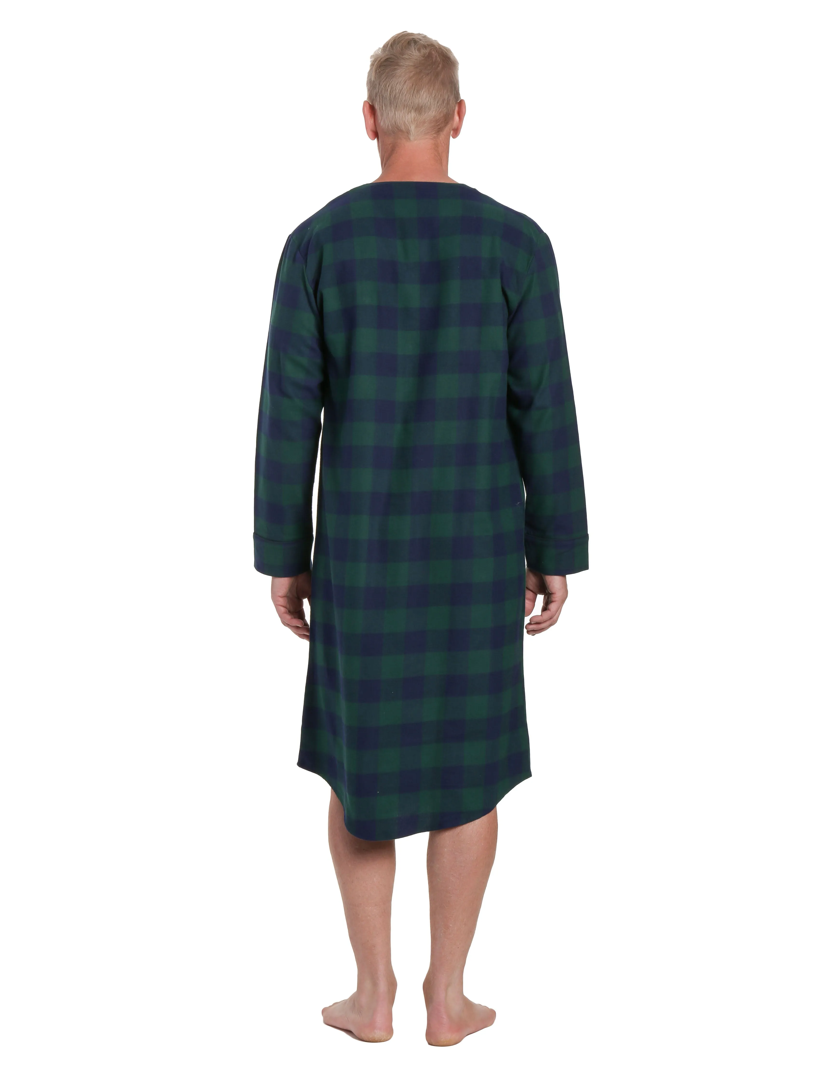 Mens 100% Cotton Flannel Nightshirt - Gingham Green/Navy