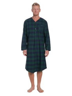 Mens 100% Cotton Flannel Nightshirt - Gingham Green/Navy