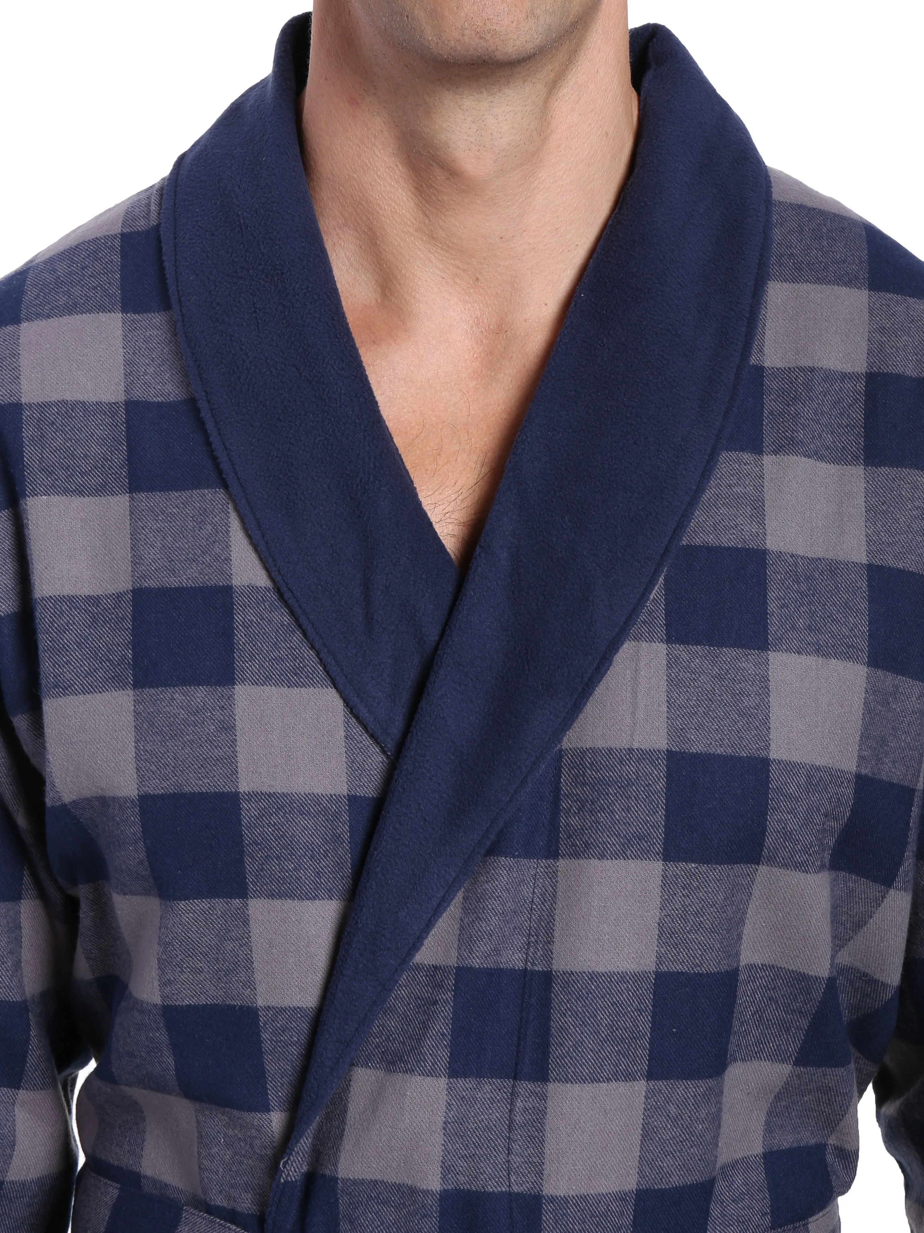 Mens Premium 100% Cotton Flannel Fleece Lined Robe - Gingham Checks - Charcoal-Navy