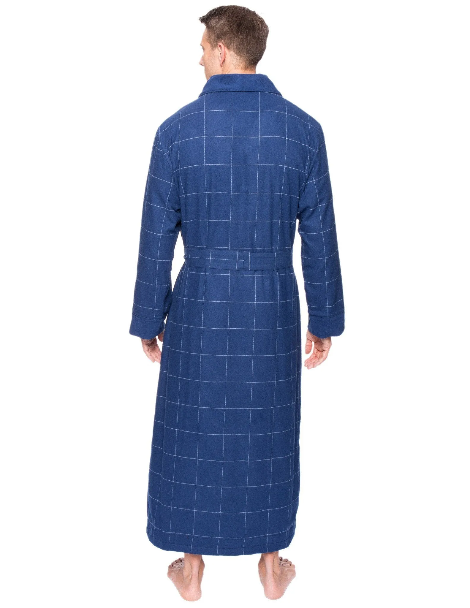 Men's Premium 100% Cotton Flannel Fleece Lined Robe - Windowpane Checks Dark Blue