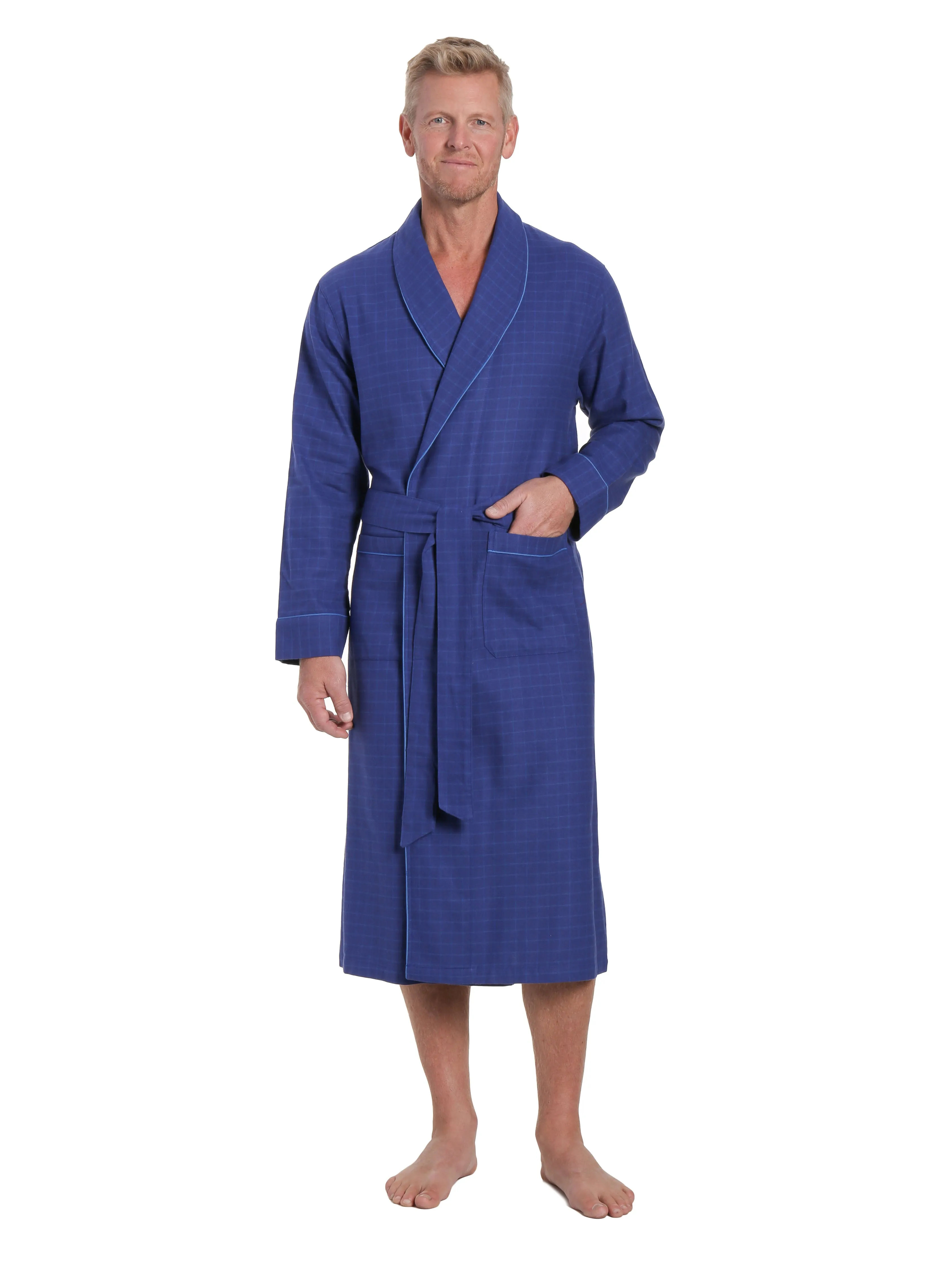 Mens Premium 100% Cotton Flannel Robe - Windowpane Checks - Navy Blue