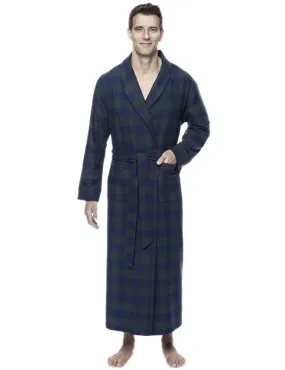 Mens Robe - 100% Cotton Flannel Robe - Gingham Green/Navy