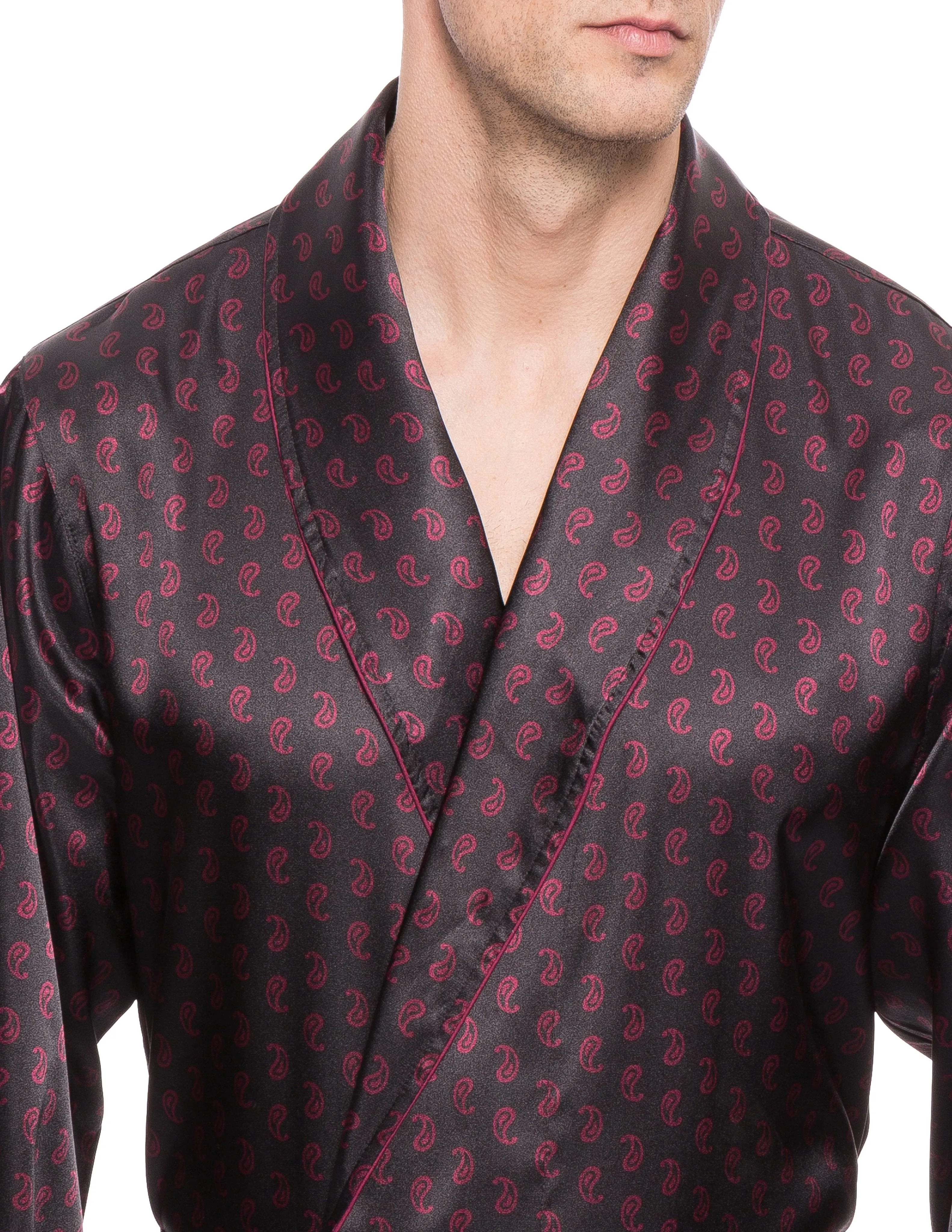 Men's Satin Robe - Paisley Black/Fig