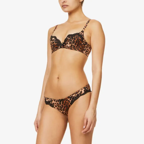 Molly Plunge Bra in Stretch Silk and Agent Provocateur Leopard Print ,  black