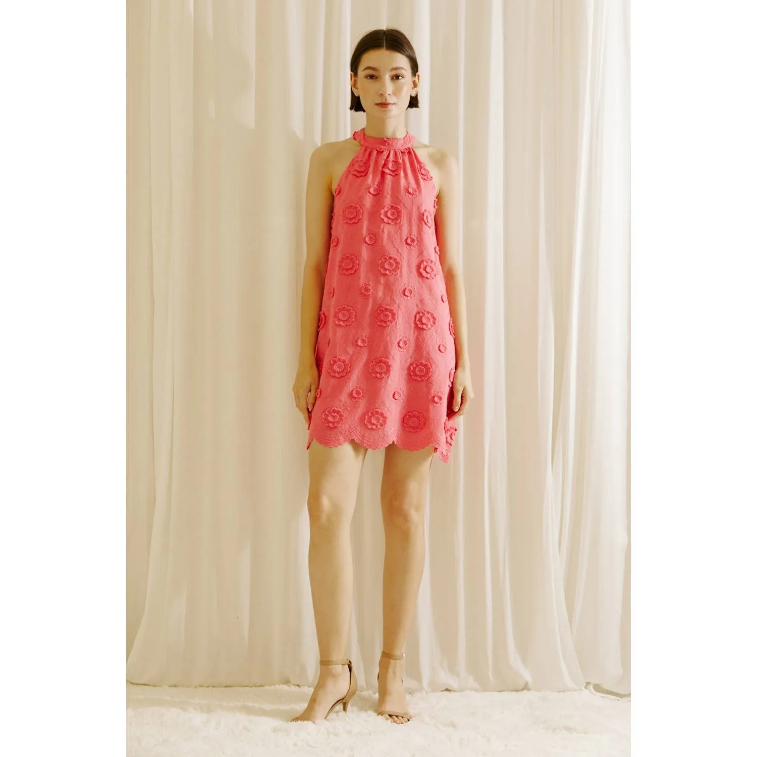 MONOCHROMATIC FLORAL EMBROIDERED MINI DRESS: HOT PINK Dress