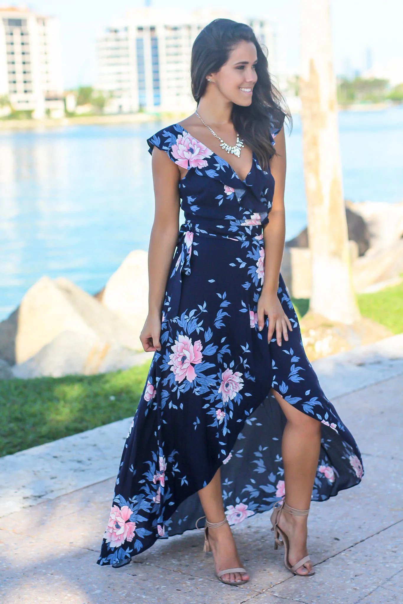 Navy Floral Wrap Dress with Ruffle Sleeves