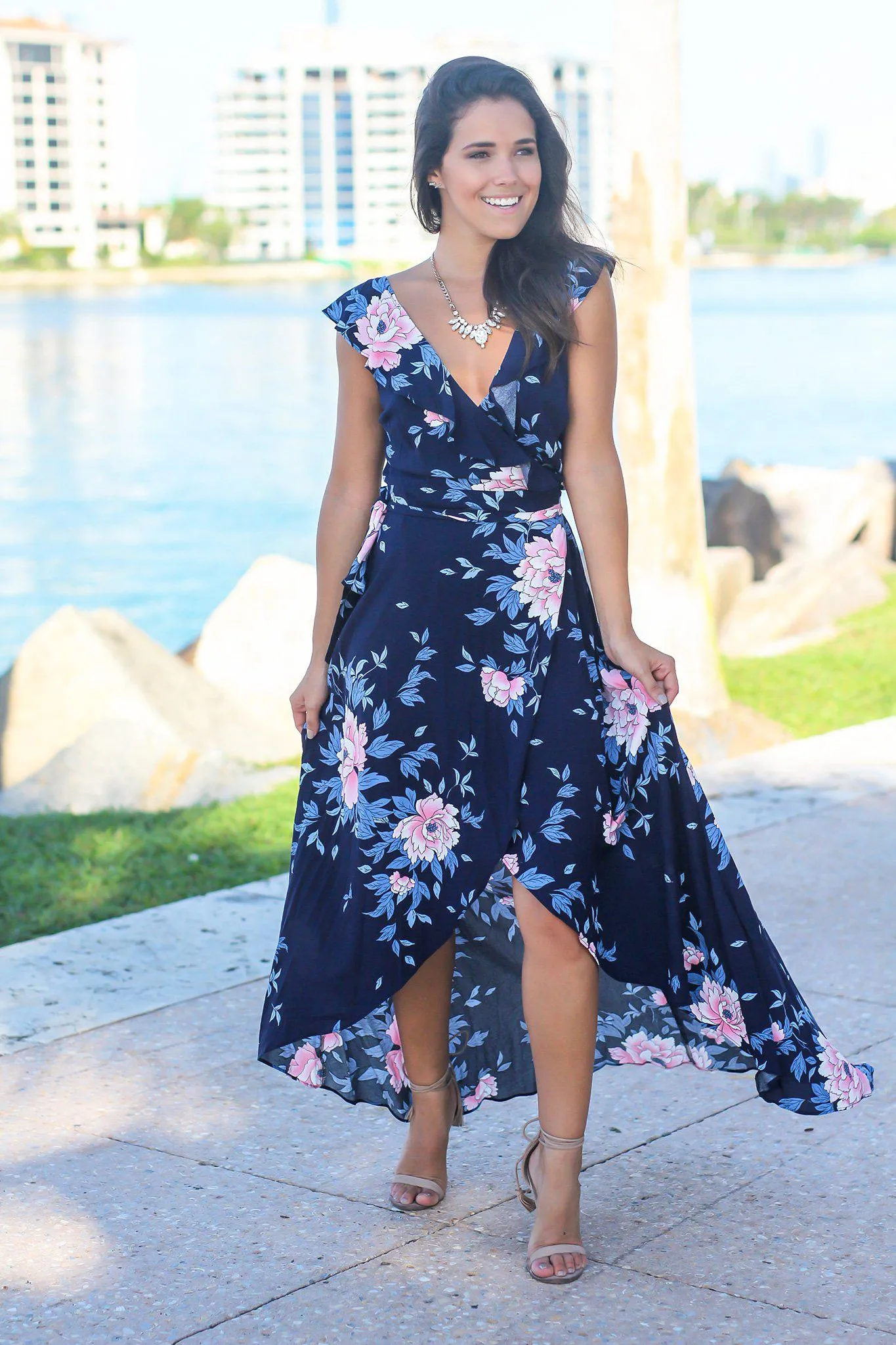 Navy Floral Wrap Dress with Ruffle Sleeves