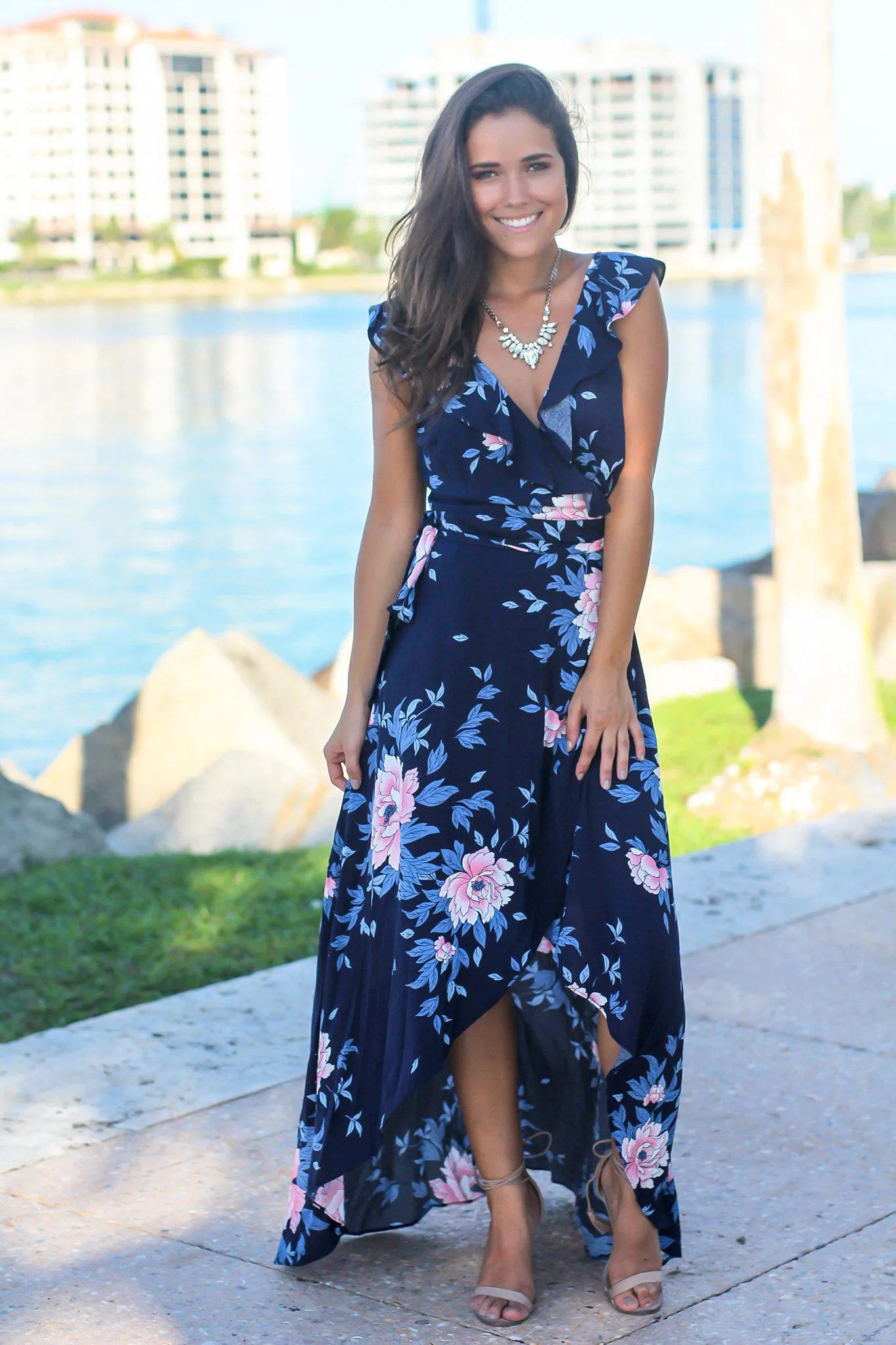 Navy Floral Wrap Dress with Ruffle Sleeves