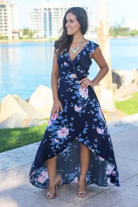 Navy Floral Wrap Dress with Ruffle Sleeves