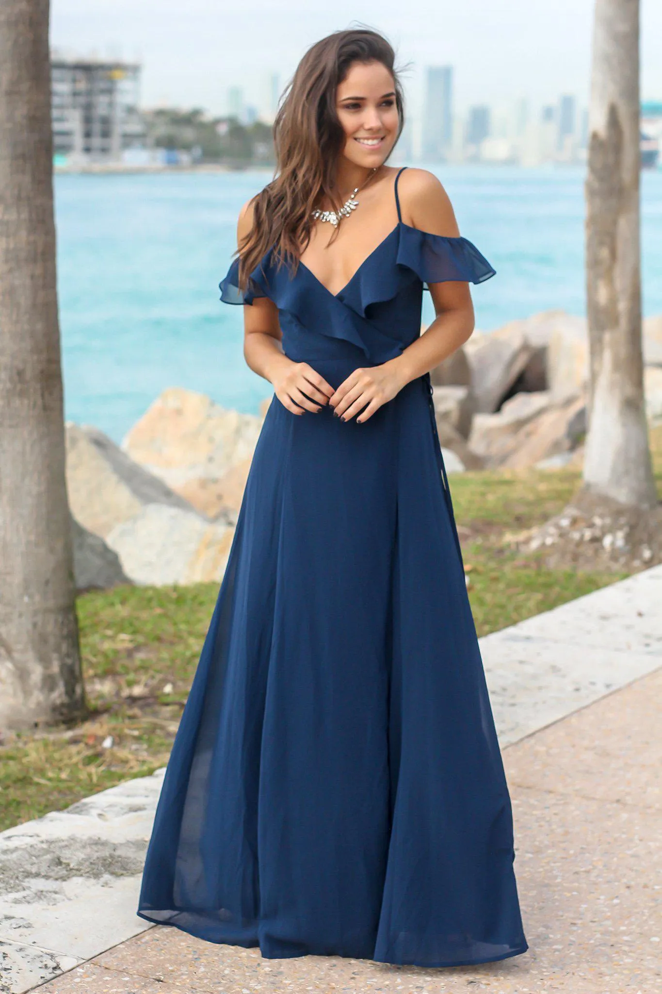 Navy Wrap Dress with Ruffle Top