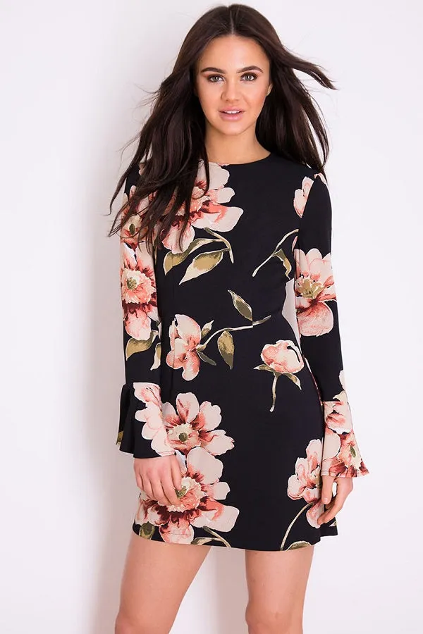 Nicola Black Floral Flare Sleeve Dress