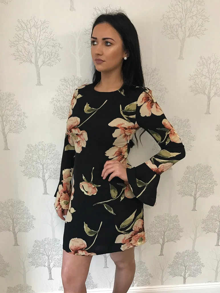 Nicola Black Floral Flare Sleeve Dress