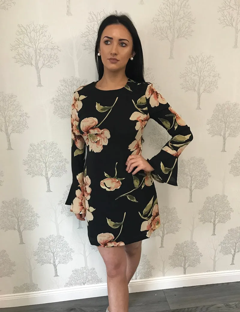 Nicola Black Floral Flare Sleeve Dress