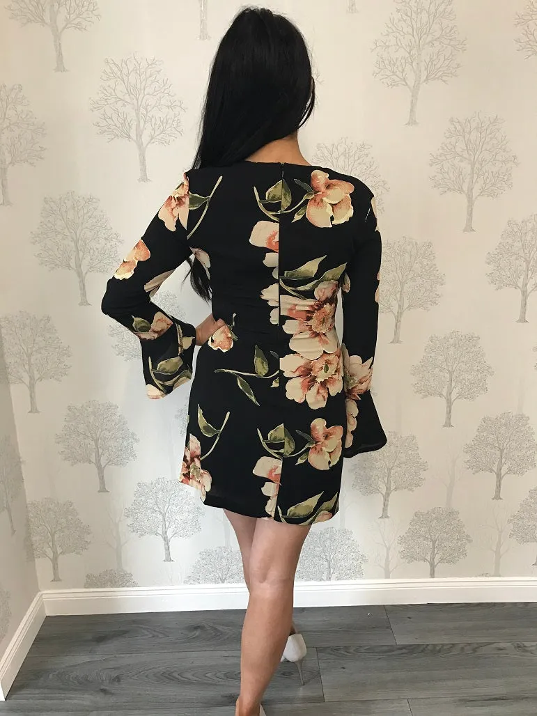 Nicola Black Floral Flare Sleeve Dress