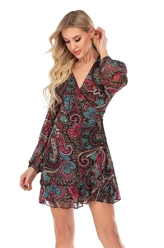 Paisley V-Neck Look-at-Me Wrap Dress