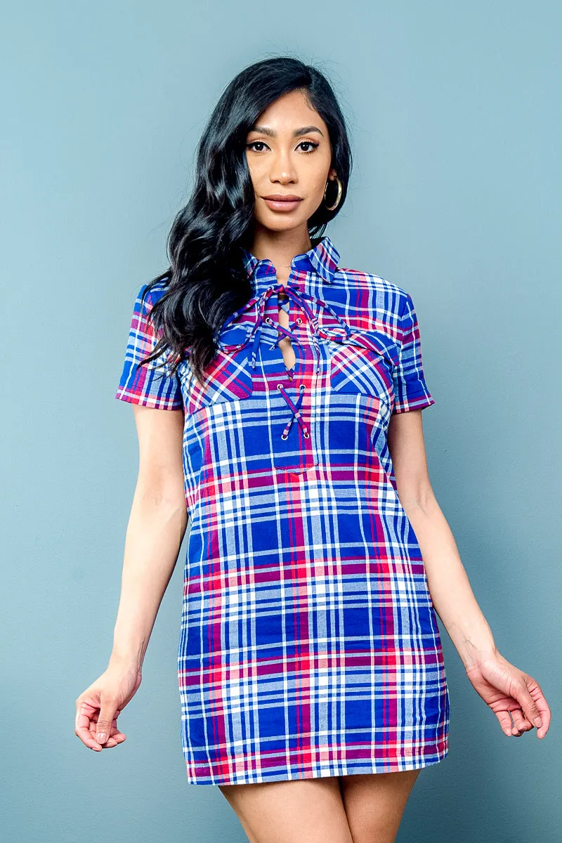 Plaid Mini Dress with Lace Up Collar and Front Flap Pockets (70015)