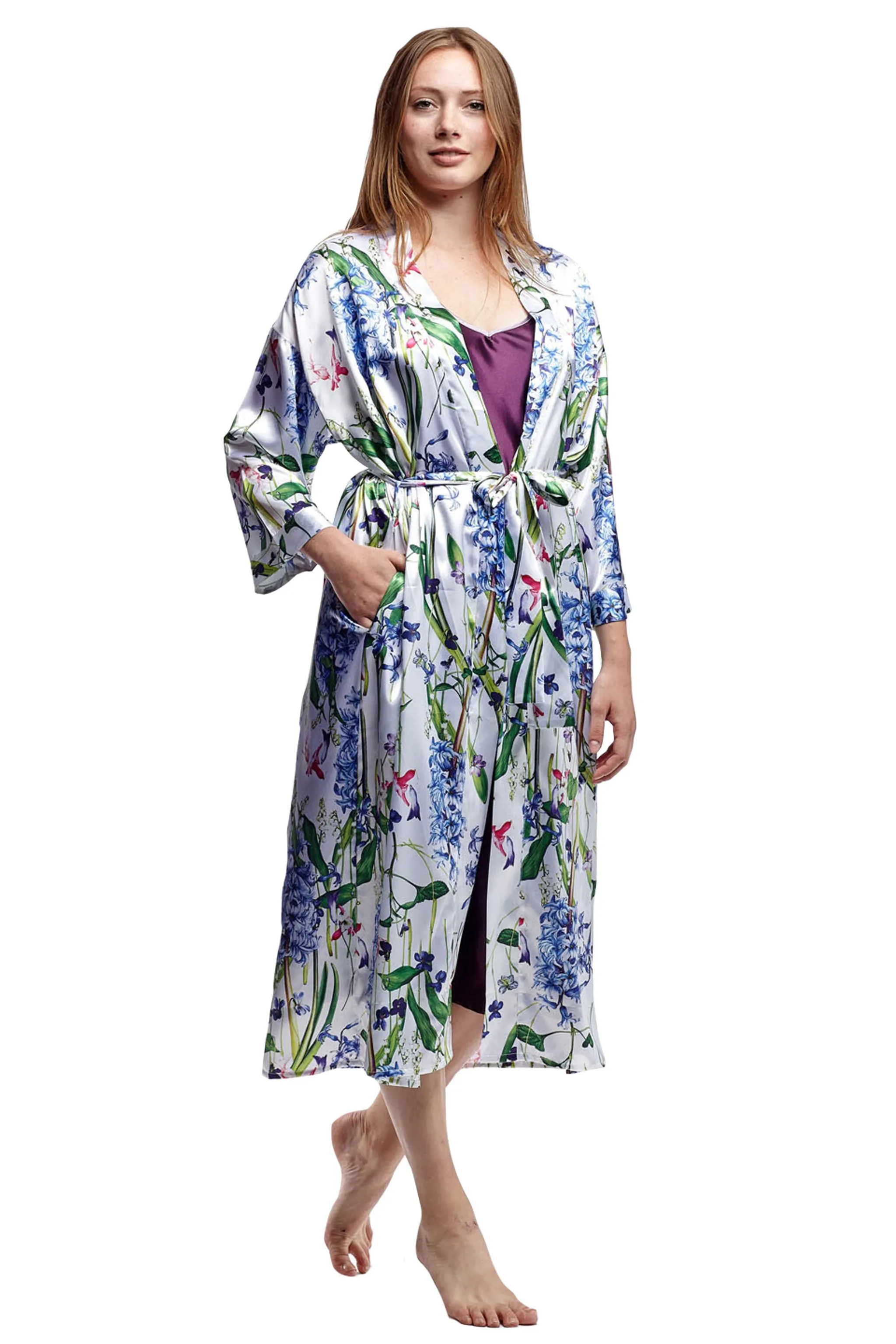 Plus Size Long Floral Lilac Satin Robe