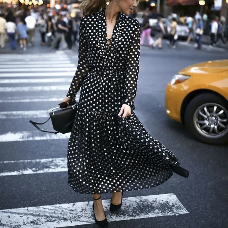 Polka Dot V Neck Bohemian Style Women Dress