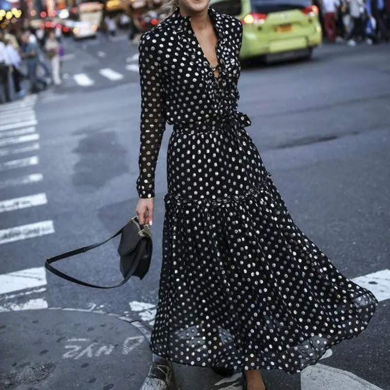 Polka Dot V Neck Bohemian Style Women Dress