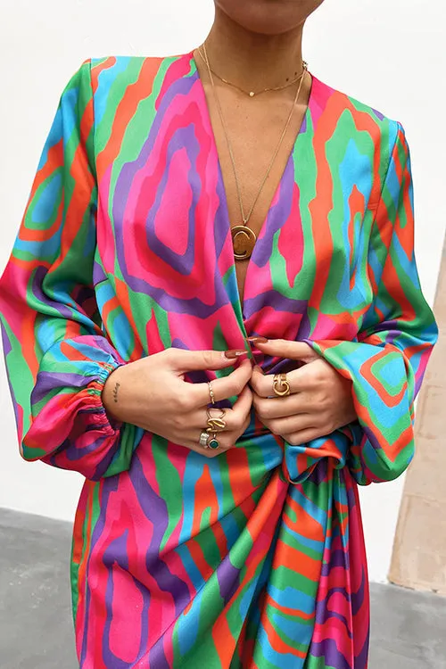 Print Long Sleeve Wrap Mini Dress