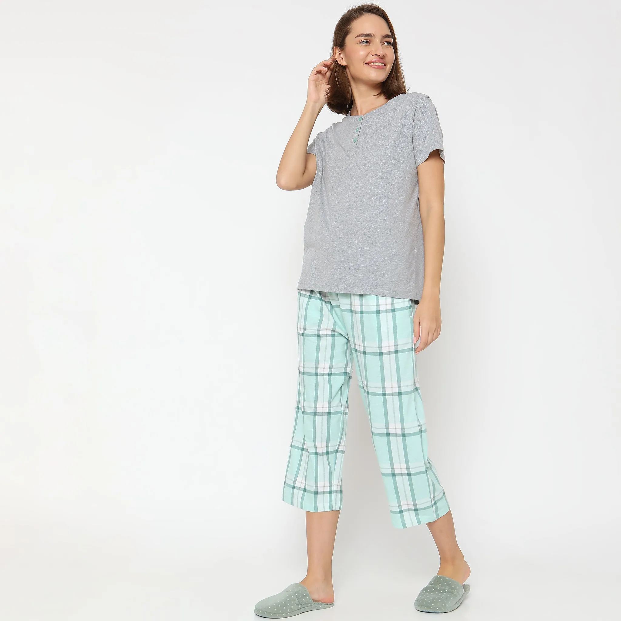 Regular Fit Solid Top with Capri Sleepwear Set