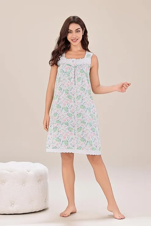 Richie House Women's Cotton Sleeveless Floral Sleepwear Above the Knee Dress Nightwear RHW4091