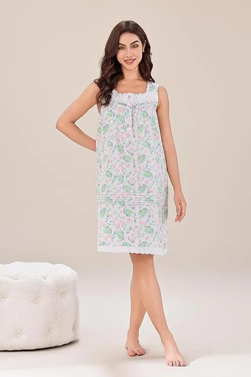 Richie House Women's Cotton Sleeveless Floral Sleepwear Above the Knee Dress Nightwear RHW4091