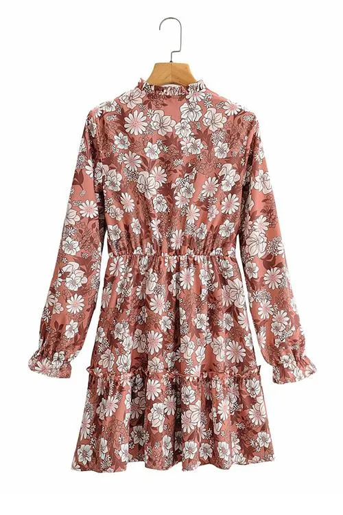 Ruffles Flroal Print Long Sleeve Mini Dress