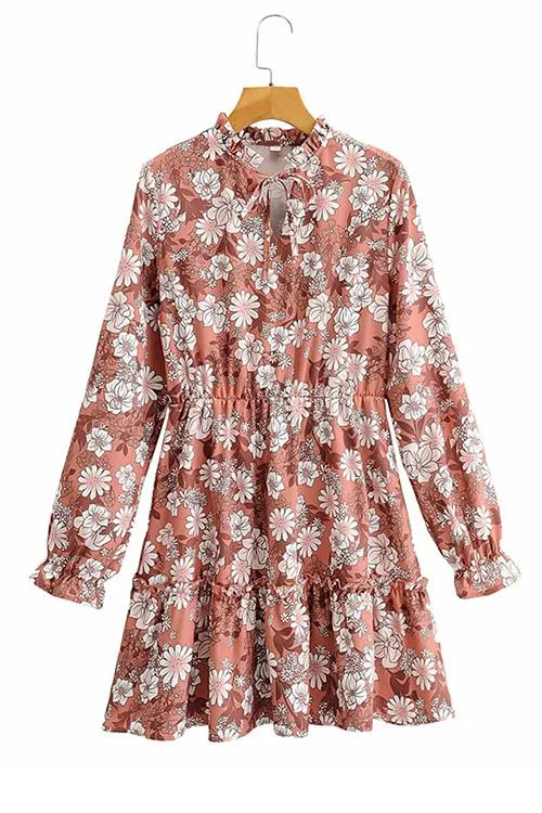 Ruffles Flroal Print Long Sleeve Mini Dress