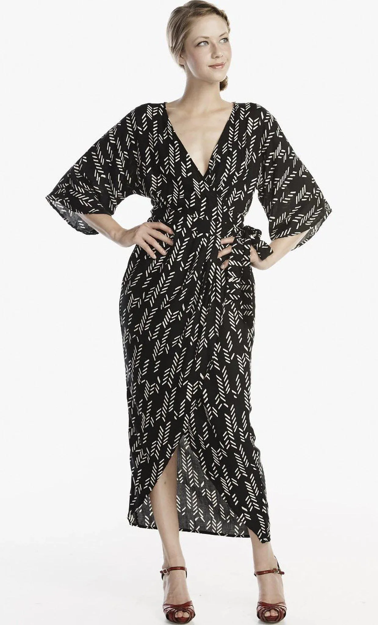 Stylized Feather Wrap Dress in Black   Cream