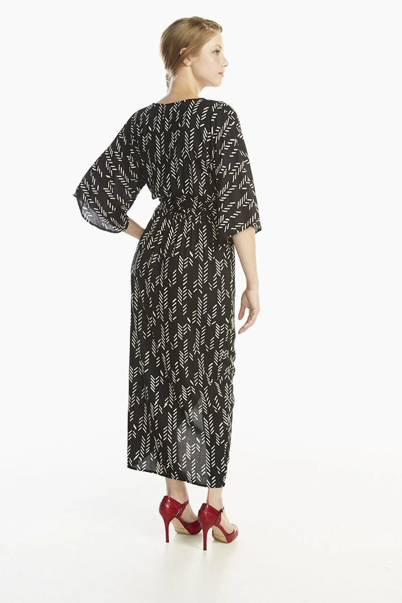 Stylized Feather Wrap Dress in Black   Cream