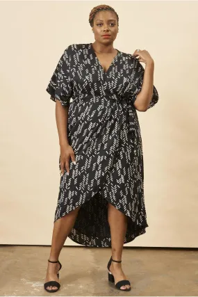 Stylized Feather Wrap Dress in Black   Cream