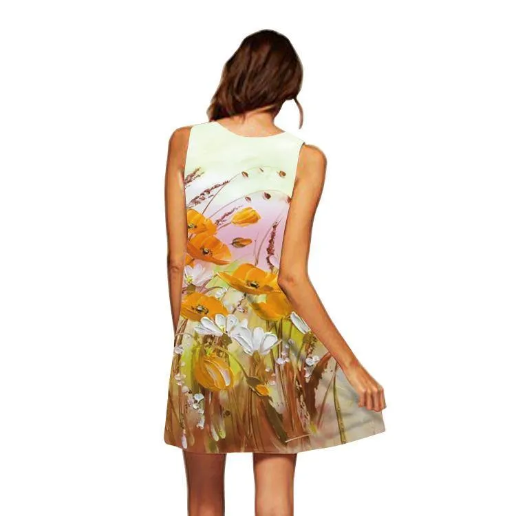 Summer 3D Floral Print Sleeveless Mini Short Dresses