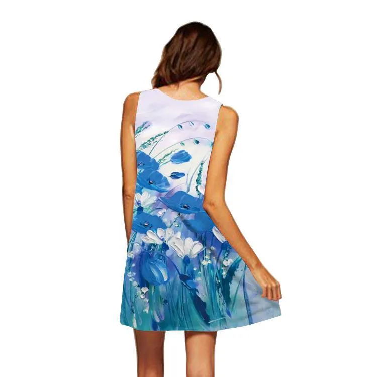 Summer 3D Floral Print Sleeveless Mini Short Dresses