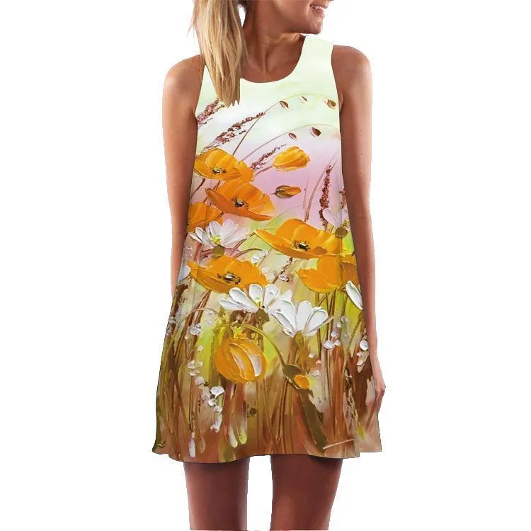 Summer 3D Floral Print Sleeveless Mini Short Dresses