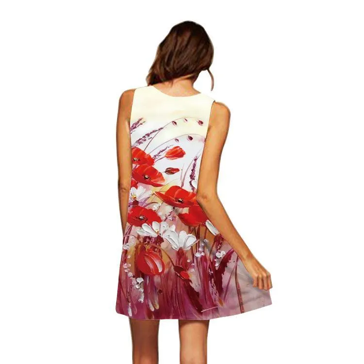 Summer 3D Floral Print Sleeveless Mini Short Dresses