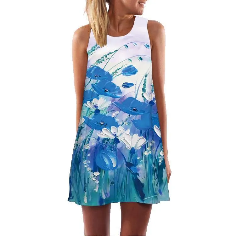 Summer 3D Floral Print Sleeveless Mini Short Dresses