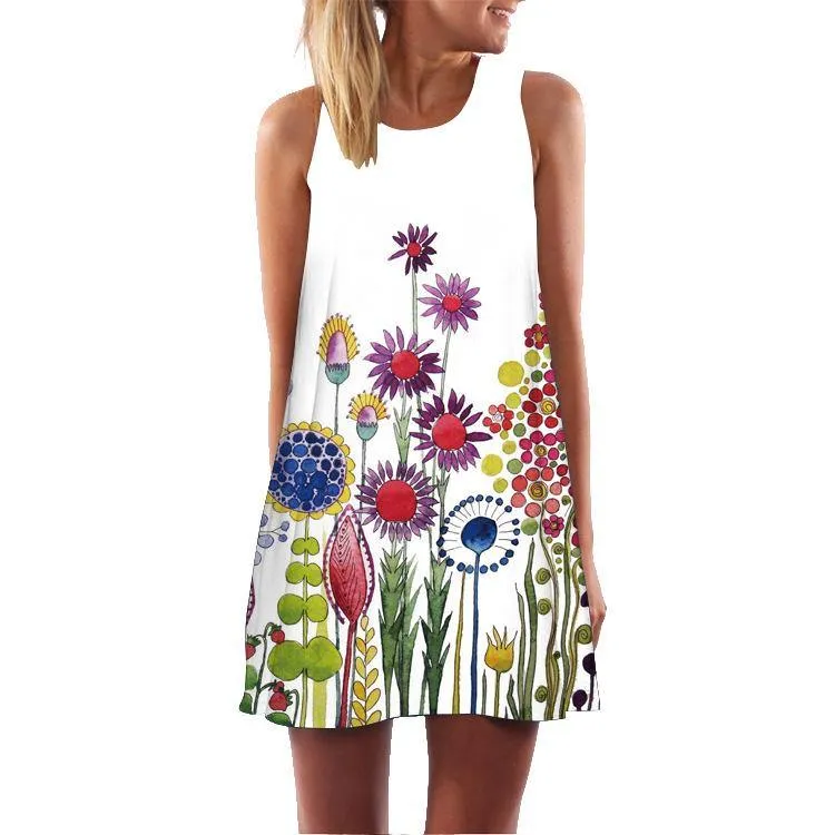 Summer 3D Floral Print Sleeveless Mini Short Dresses