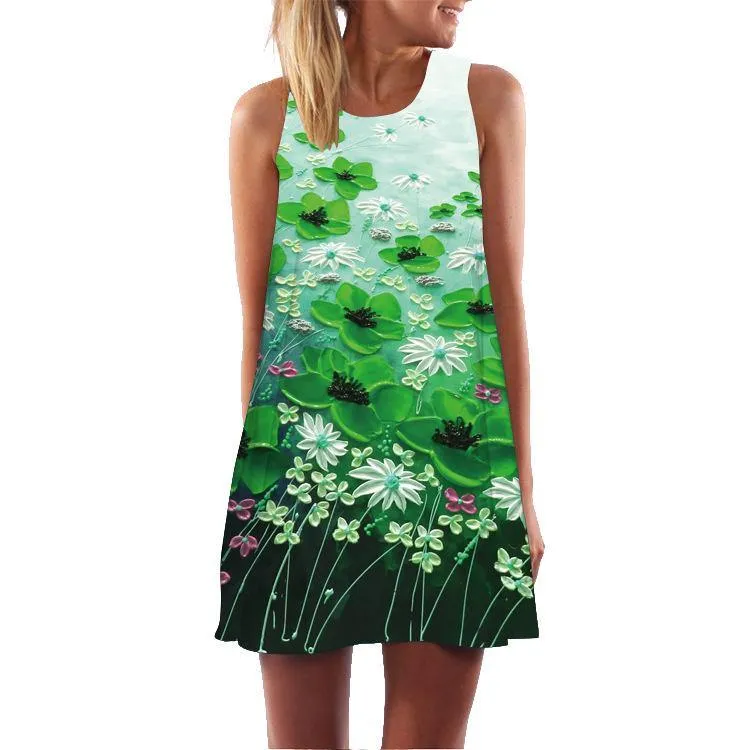 Summer 3D Floral Print Sleeveless Mini Short Dresses