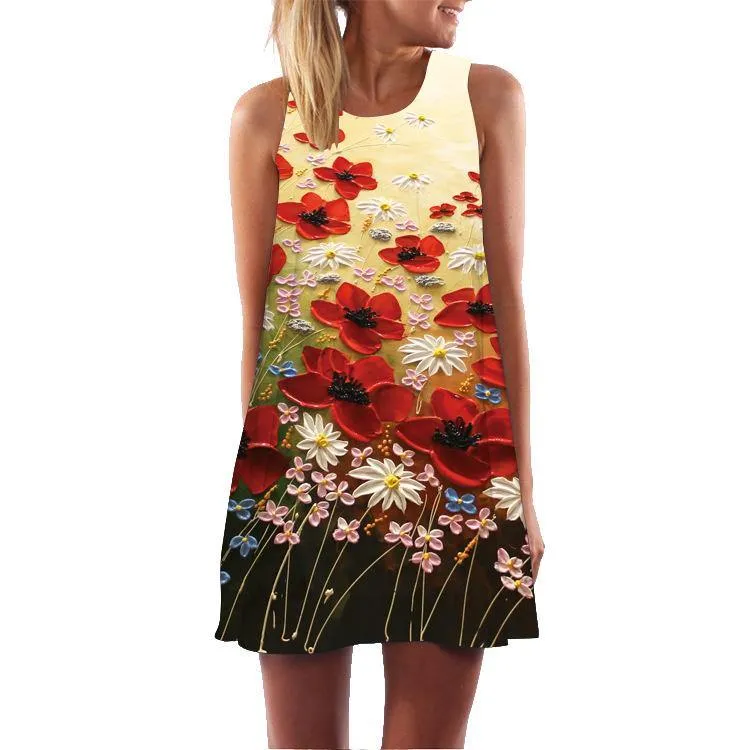 Summer 3D Floral Print Sleeveless Mini Short Dresses