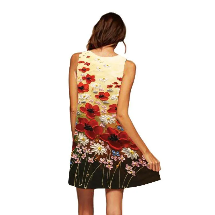 Summer 3D Floral Print Sleeveless Mini Short Dresses