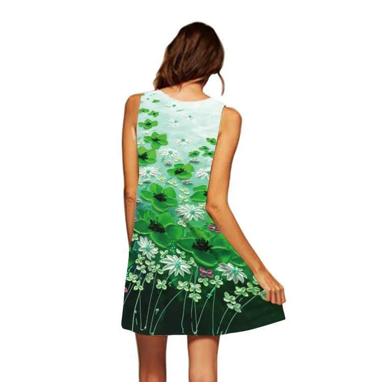 Summer 3D Floral Print Sleeveless Mini Short Dresses