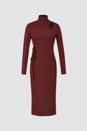 Textured High Neck Wrap Tie Midi Dress