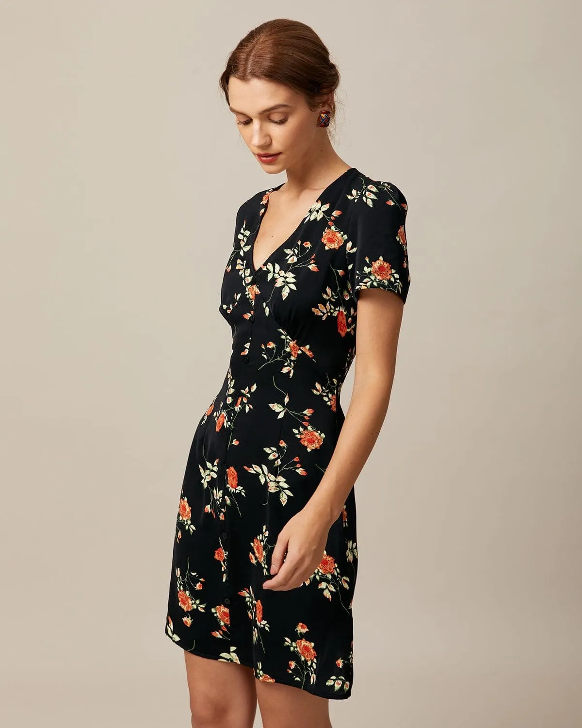 The Black V Neck Floral Button Up Mini Dress