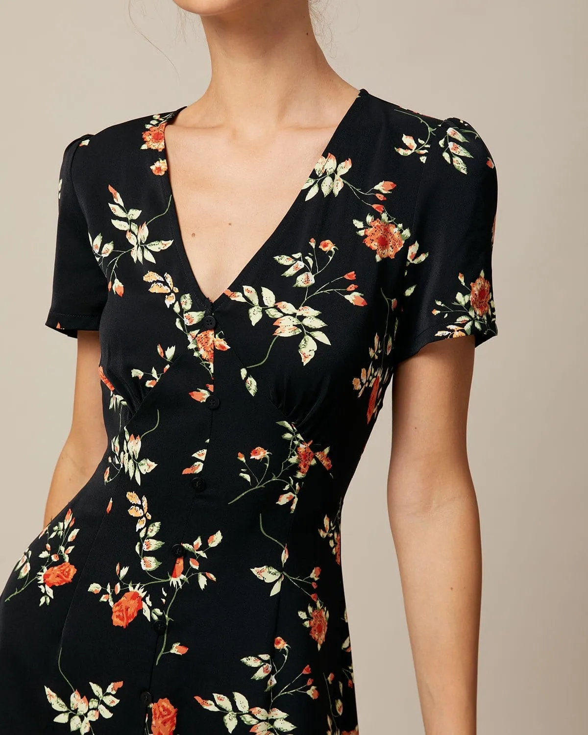 The Black V Neck Floral Button Up Mini Dress