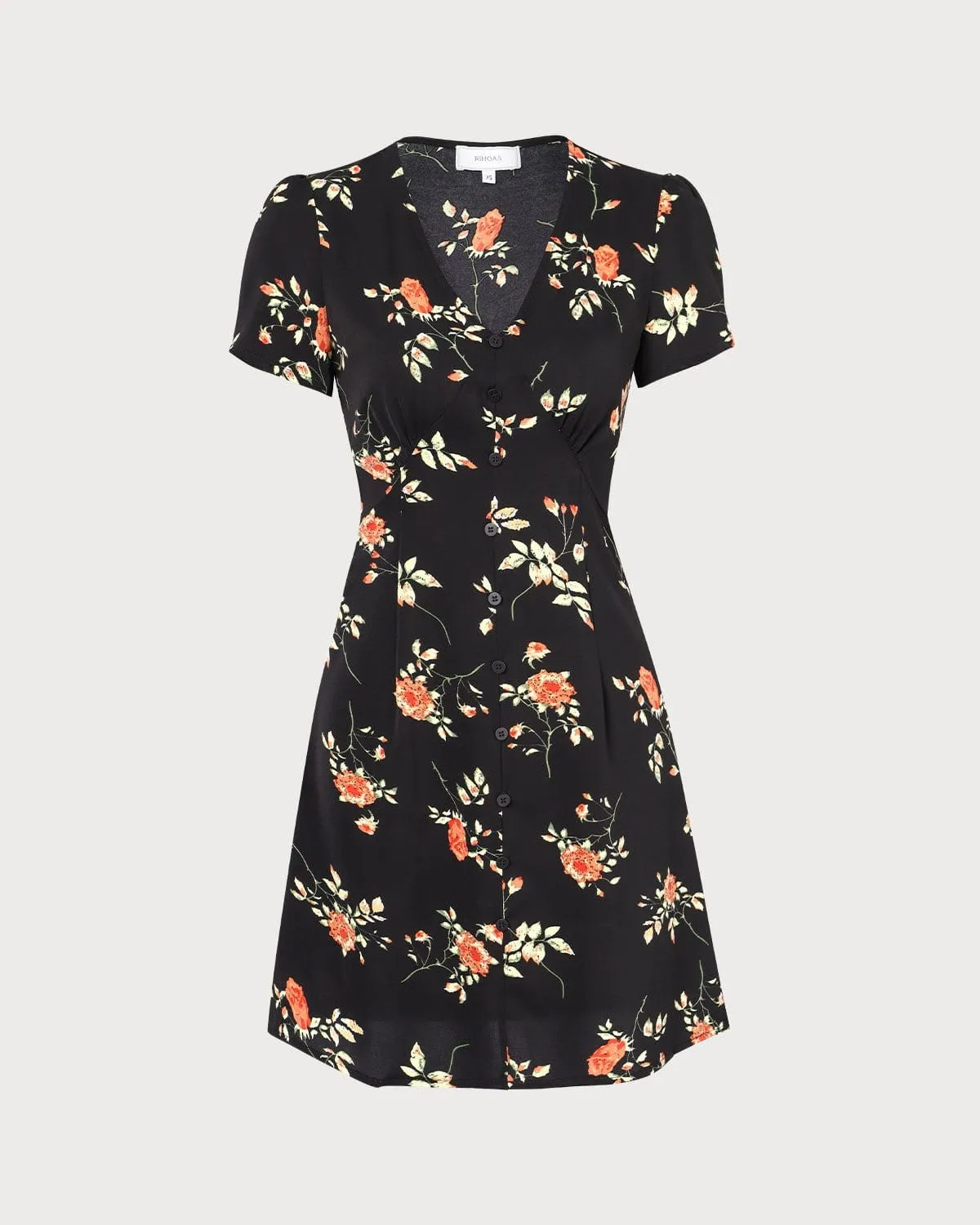 The Black V Neck Floral Button Up Mini Dress