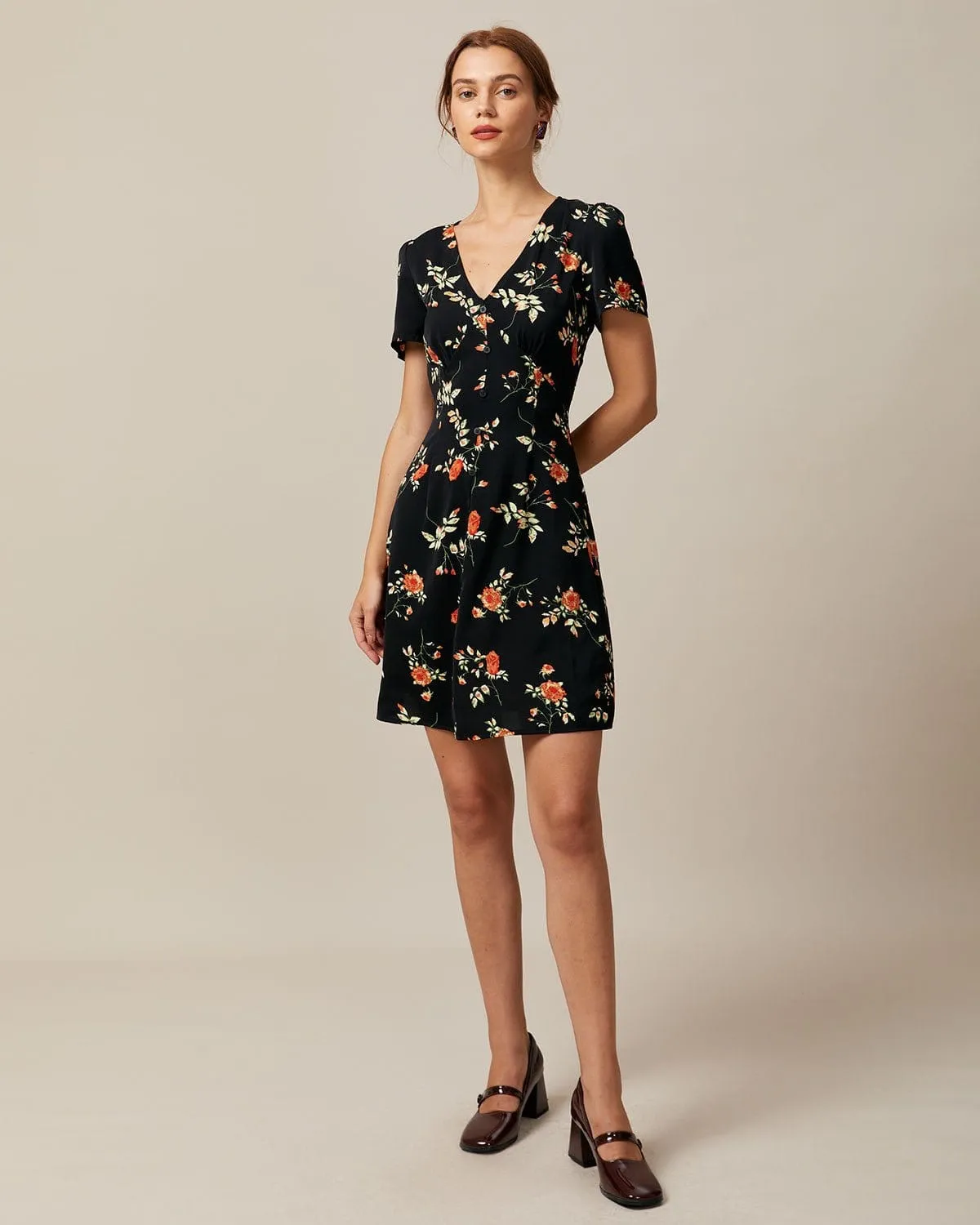 The Black V Neck Floral Button Up Mini Dress