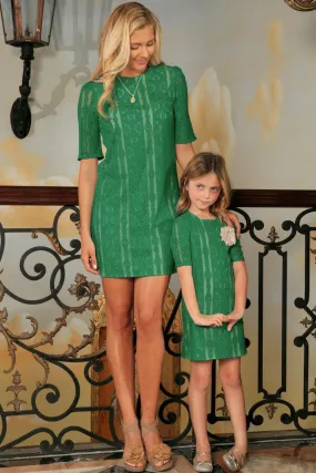 Turquoise Green Crochet Lace Half Sleeve Party Mother Daughter Dress