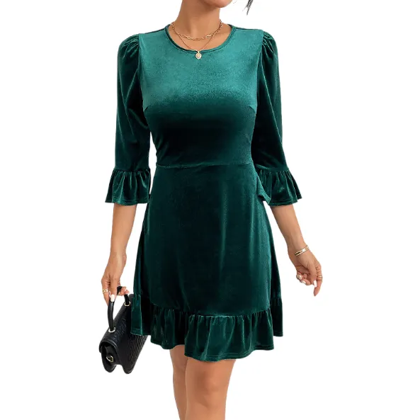 Velvet Blackish Green Round Neck Ruffle Trim Half Sleeve A-line Mini Dress